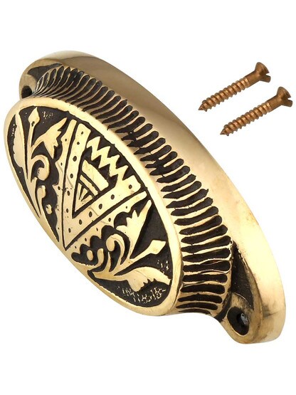 Alternate View 2 of 3 3/4 inch Cast Bronze Oriental Pattern Oval Bin Pull With Highlighted Antique Finish.