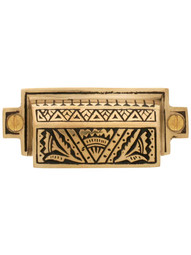 3 1/2 inch Cast Bronze Oriental Pattern Bin Pull With Highlighted Antique Finish.