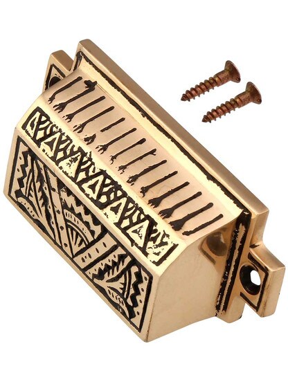 Alternate View 2 of 3 1/2 inch Cast Bronze Oriental Pattern Bin Pull With Highlighted Antique Finish.