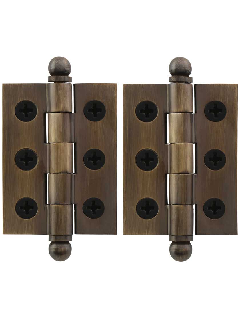 Pair of Premium Solid-Brass Cabinet Hinges with Ball Tips - 2 x 1 1/2-Inch in Antique-By-Hand