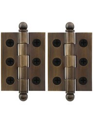 Pair of Premium Solid-Brass Cabinet Hinges with Ball Tips - 2 x 1 1/2-Inch in Antique-By-Hand.