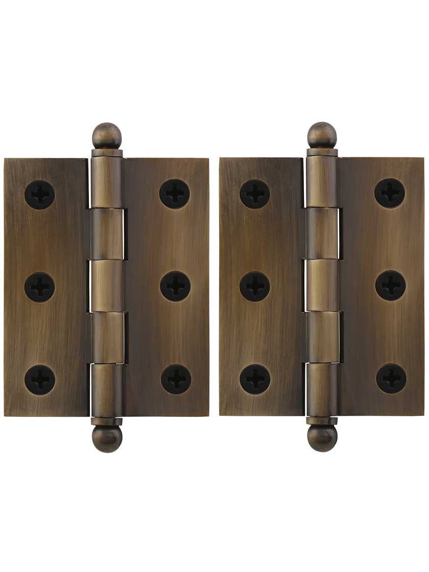Pair of Solid Brass Cabinet Hinges - 2 1/2 x 2-Inch in Antique-By-Hand.
