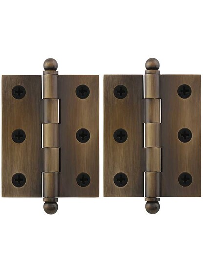 Pair of Solid Brass Cabinet Hinges - 2 1/2 x 2-Inch in Antique-By-Hand.