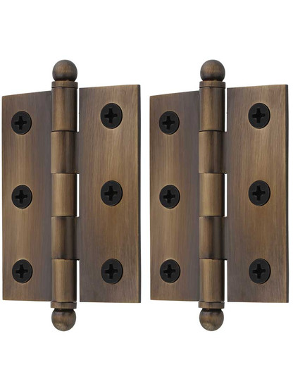 Alternate View of Pair of Solid Brass Cabinet Hinges - 2 1/2 x 2-Inch in Antique-By-Hand.