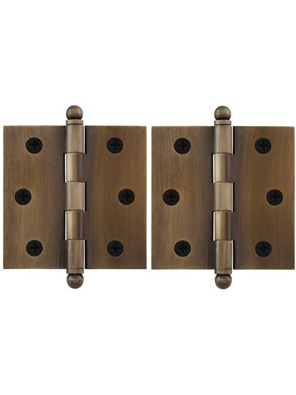 Pair of Solid Brass Cabinet Hinges - 2 1/2 x 2 1/2-Inch in Antique-By-Hand.