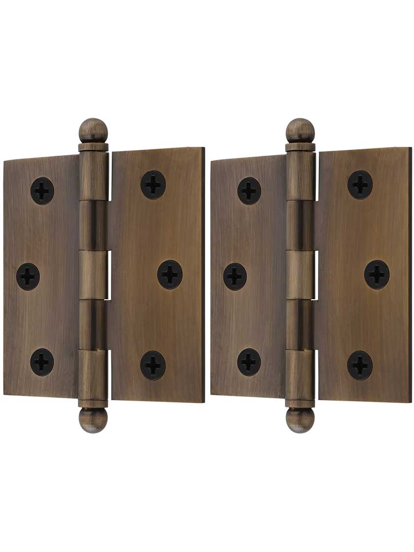Alternate View of Pair of Solid Brass Cabinet Hinges - 2 1/2 x 2 1/2-Inch in Antique-By-Hand.