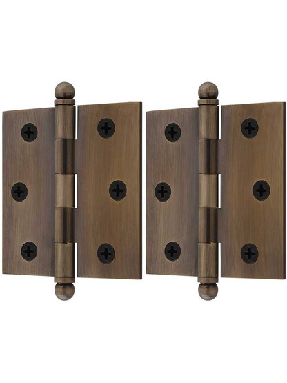 Alternate View of Pair of Solid Brass Cabinet Hinges - 2 1/2 x 2 1/2-Inch in Antique-By-Hand.