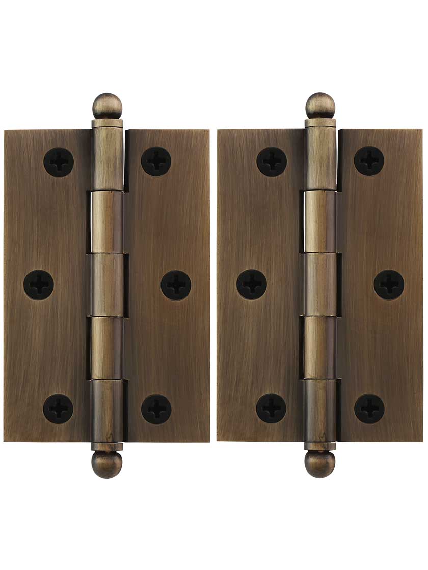 Pair of Solid Brass Cabinet Hinges - 3 x 2-Inch in Antique-By-Hand.