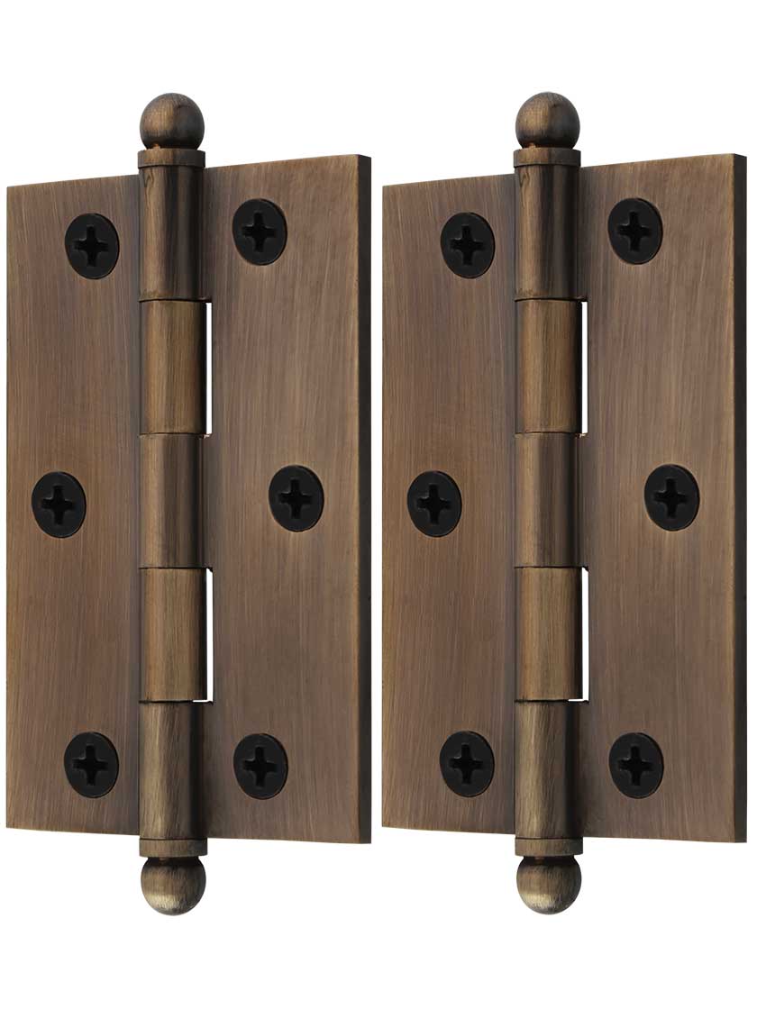 Alternate View of Pair of Solid Brass Cabinet Hinges - 3 x 2-Inch in Antique-By-Hand.