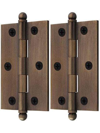 Alternate View of Pair of Solid Brass Cabinet Hinges - 3 x 2-Inch in Antique-By-Hand.