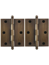 Pair of Premium Solid-Brass Cabinet Hinges with Ball Tips - 3 x 2 1/2-Inch in Antique-By-Hand.