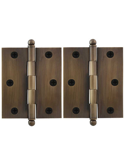 Pair of Premium Solid-Brass Cabinet Hinges with Ball Tips - 3 x 2 1/2-Inch in Antique-By-Hand