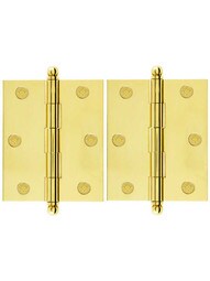 Pair of Premium Solid Brass Cabinet Hinges with Ball Tips - 3 inch x 2 1/2 inch.