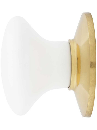 White Porcelain Cabinet Knob With Brass Rosette - 1 3/8" Diameter