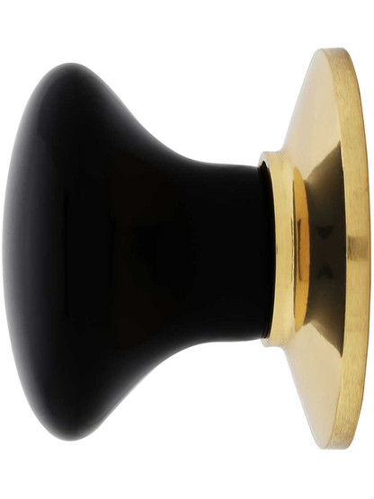Alternate View of Black Porcelain Cabinet Knob With Brass Rosette - 1 3/8 inch Diameter