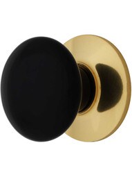 Black Porcelain Cabinet Knob With Brass Rosette - 1 3/8" Diameter