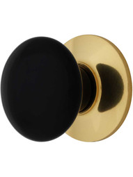 Black Porcelain Cabinet Knob With Brass Rosette - 1 3/8" Diameter