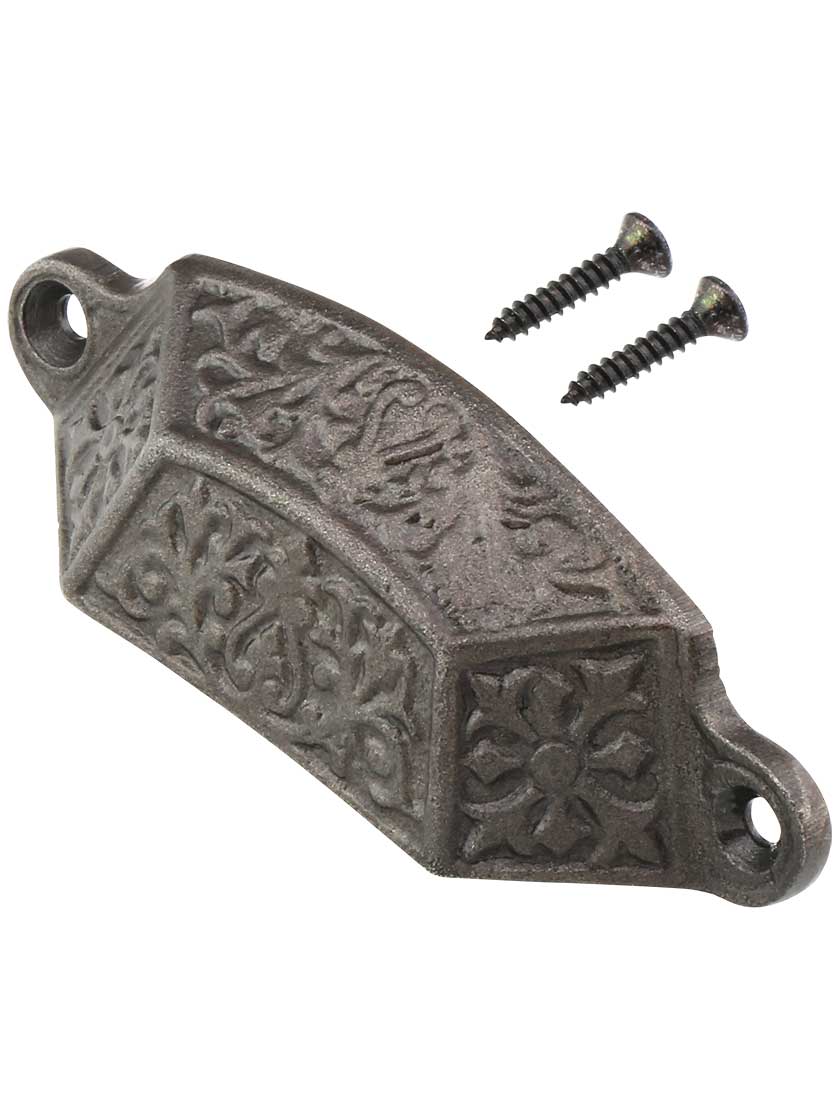 3 7/8" Decorative Iron Bin Pull With Antique Iron Finish - 3 3/8" Center-to-Center