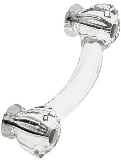 Fluted Clear Glass Bridge Drawer Pull With Nickel Bolts.