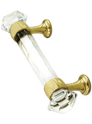 3 inch On Center Hexagonal Cut Glass Handle With Solid Brass Bases.