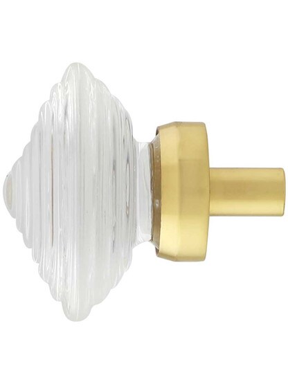 Alternate View of Deco Style Clear-Glass Cabinet Knob with Brass Base - 1 1/4 inch Diameter.