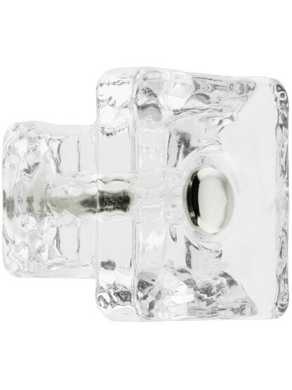 Square Clear Glass Cabinet Knob With Nickel Bolt.