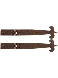 Pair of Antique-Rust Fleur-de-Lis Cabinet Strap Hinges - 11 13/16-Inch x 1 13/16-Inch.