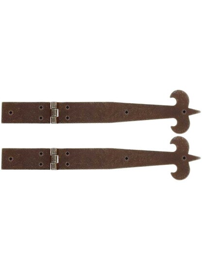 Pair of Antique-Rust Fleur-de-Lis Cabinet Strap Hinges - 11 13/16-Inch x 1 13/16-Inch.