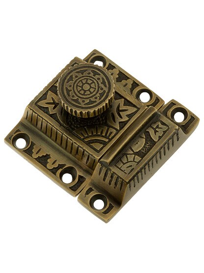 Solid Brass Oriental Pattern Turn Latch In Antique By Hand.
