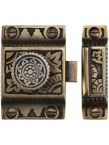Alternate View of Solid Brass Oriental Pattern Turn Latch In Antique By Hand.