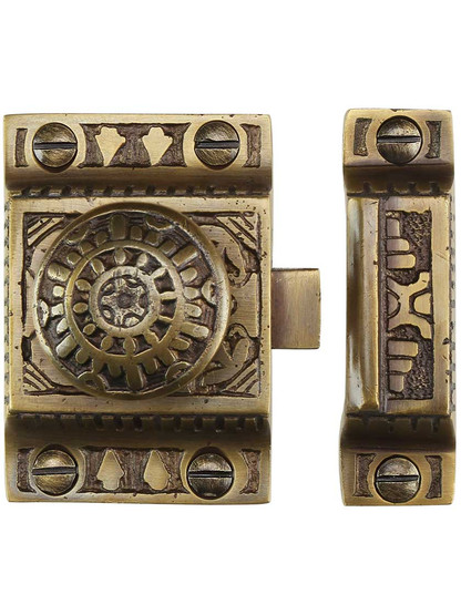 Alternate View of Solid Brass Windsor Pattern Cabinet Latch With Round Knob In Antique By Hand