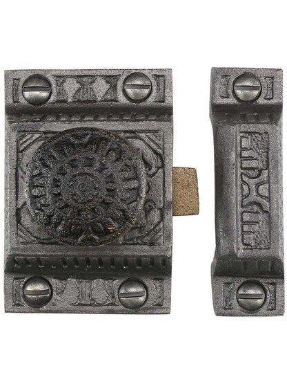 Alternate View of Cast Iron Windsor Pattern Cabinet Latch With Round Knob In Antique Iron.