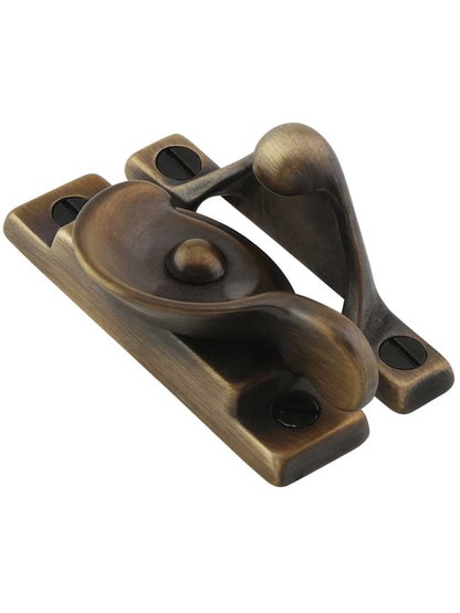 Alternate View of Solid-Brass Crescent Sash Lock in Antique-By-Hand.