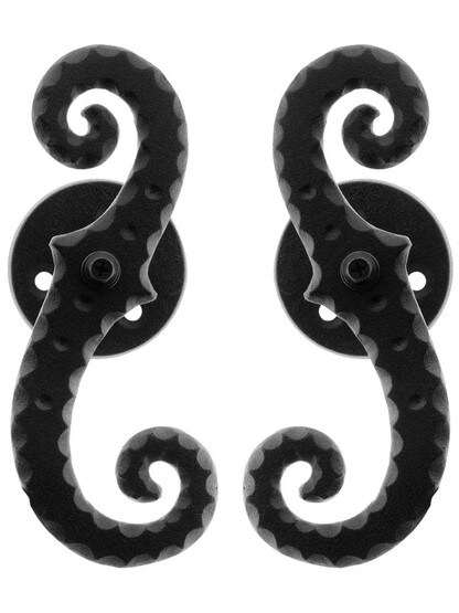 Alternate View of Pair of Galvanized Iron Scroll Shutter Dogs - Post Mounted.