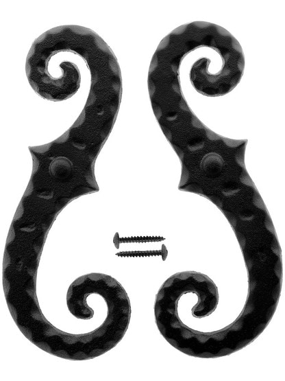 Alternate View of Pair of Galvanized Iron Dummy Scroll Shutter Dogs With Hammered Edge.