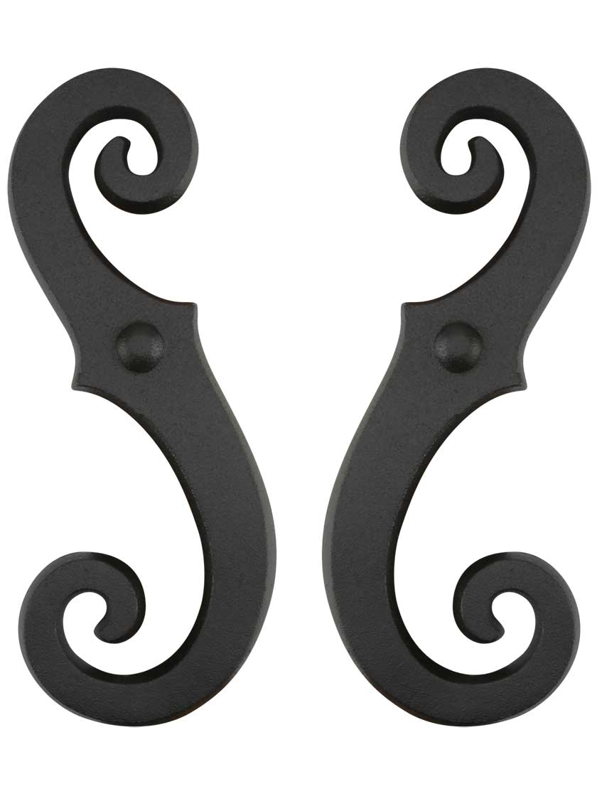 Alternate View of Pair of Galvanized Iron Dummy Scroll Shutter Dogs With Beveled Edge.