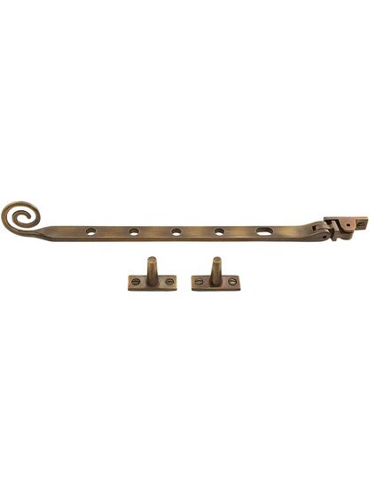 Alternate View of Solid-Brass Casement Stay with Curly Handle - 11 1/2 inch in Antique-By-Hand.