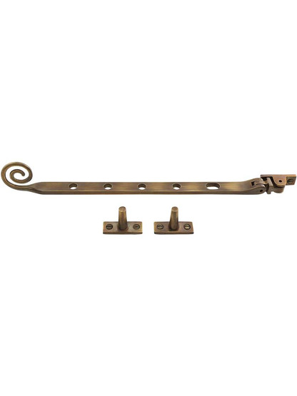 Alternate View of Solid-Brass Casement Stay with Curly Handle - 11 1/2 inch in Antique-By-Hand.
