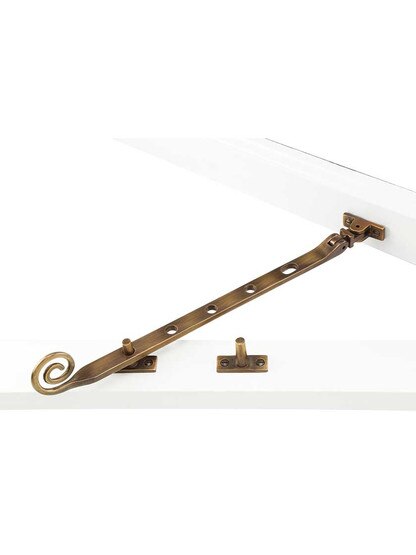 Alternate View 3 of Solid-Brass Casement Stay with Curly Handle - 11 1/2 inch in Antique-By-Hand.