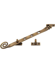 Solid-Brass Casement Stay with Curly Handle - 9 1/2" in Antique-By-Hand