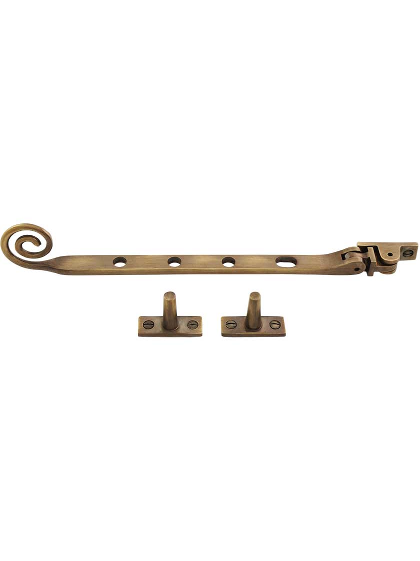 Solid-Brass Casement Stay with Curly Handle - 9 1/2" in Antique-By-Hand