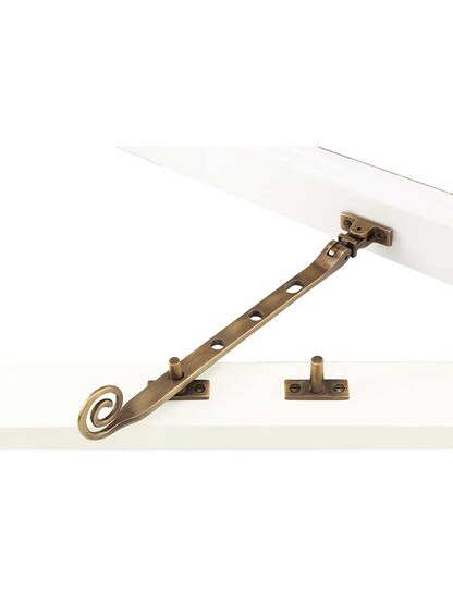 Alternate View 3 of Solid-Brass Casement Stay with Curly Handle - 9 1/2 inch in Antique-By-Hand.