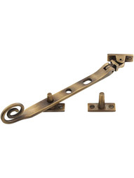 Solid-Brass Casement Stay with Curly Handle - 7 1/2" in Antique-By-Hand
