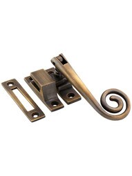 Solid-Brass Casement Latch with Curly Handle in Antique-By-Hand