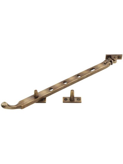 Solid-Brass Casement Stay with Bulb Handle - 11 1/2 inch in Antique-By-Hand.