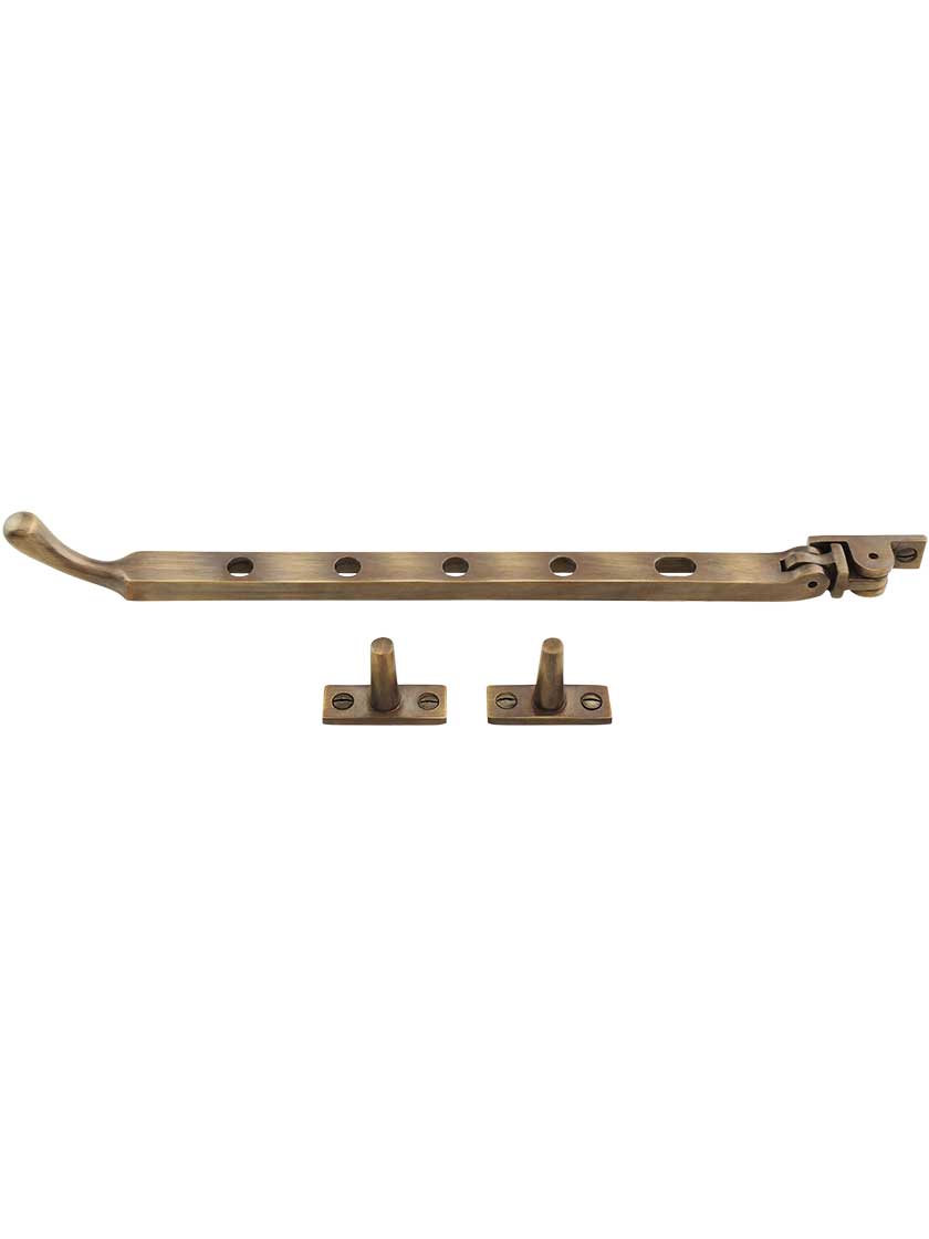 Alternate View of Solid-Brass Casement Stay with Bulb Handle - 11 1/2 inch in Antique-By-Hand.