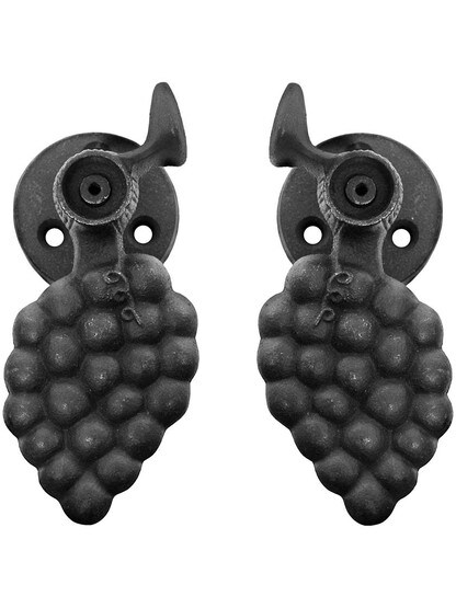 Alternate View of Pair of Large Cast Iron Grape Design Shutter Dogs -Post Mounted.