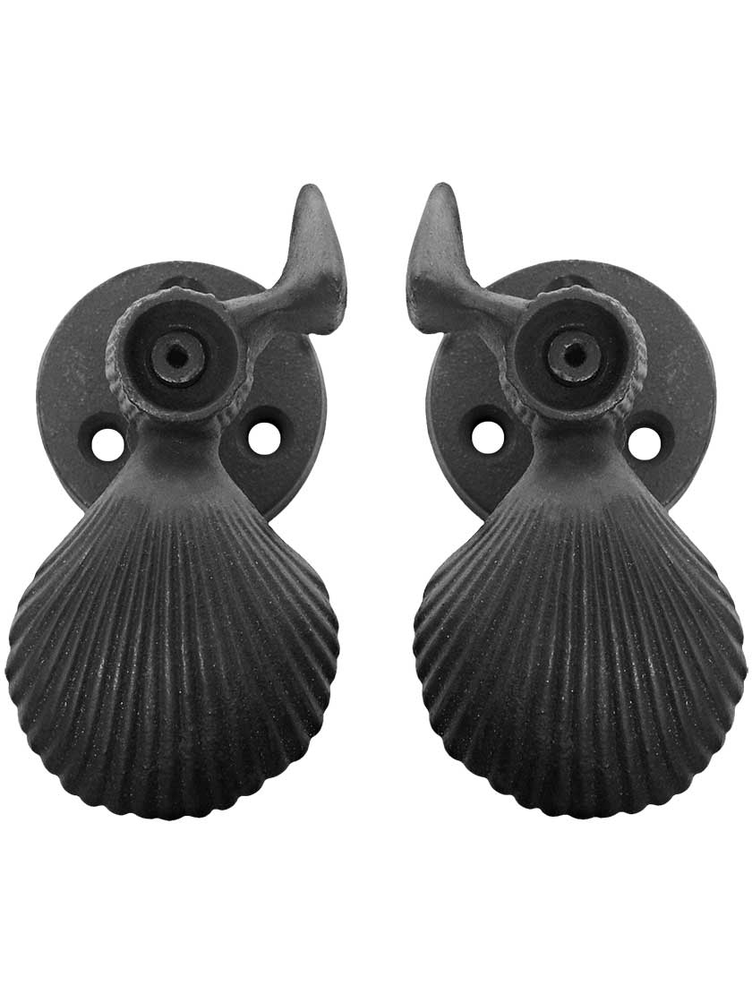 Alternate View of Pair of Large Cast Iron Scallop Shell Tie Backs - Post Mounted.