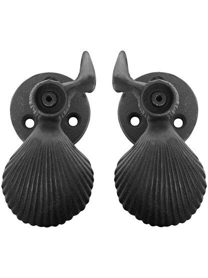 Alternate View of Pair of Large Cast Iron Scallop Shell Tie Backs - Post Mounted.