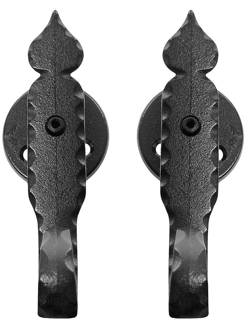 Alternate View of Pair of Cast Iron Spear Tip Shutter Dogs - Post Mounted.
